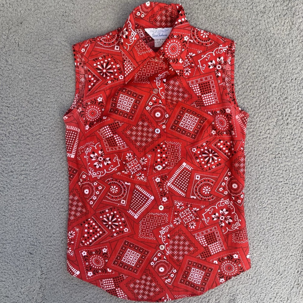 Vintage 70s Sears Fashions Bandana Sleeveless Shirt Collared Button Up Red Sz 10